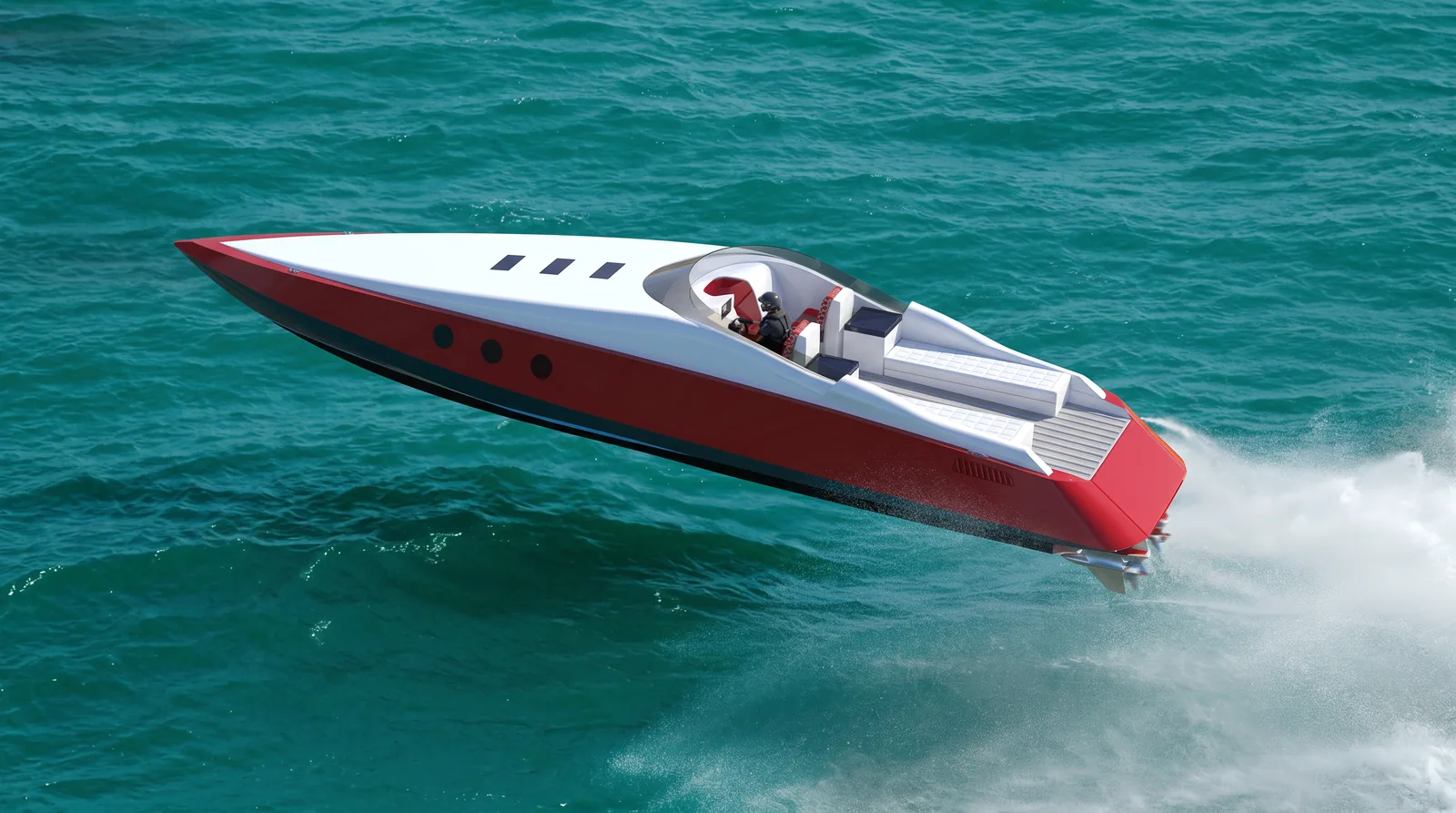 Mayla 44 GT underway, rear three-quarter view