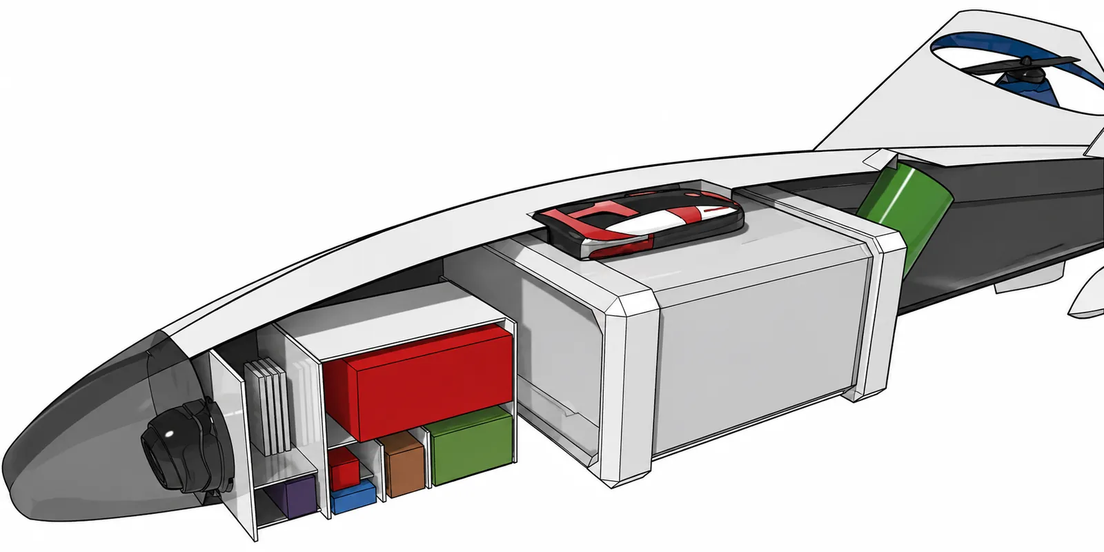 Internal layout: cargo bay, batteries and avionics