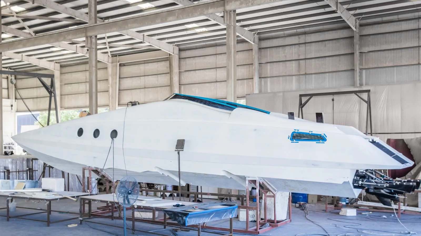 The finished hull in the build shed